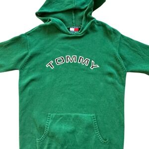 90s Vintage Tommy Hilfiger Green Knit Hoodie Pullover Men's S Streetwear Y2K